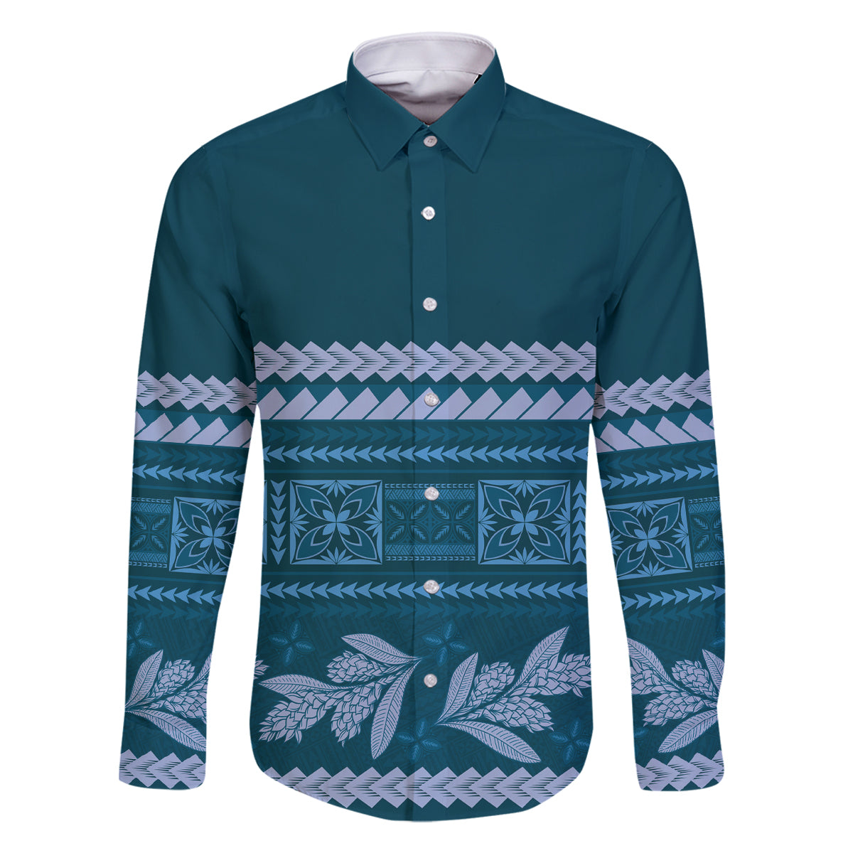 Dark Cyan Samoa Siapo Teuila Flowers Family Matching Off The Shoulder Long Sleeve Dress and Hawaiian Shirt