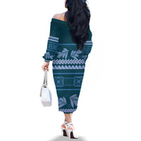 Dark Cyan Samoa Siapo Teuila Flowers Family Matching Off The Shoulder Long Sleeve Dress and Hawaiian Shirt