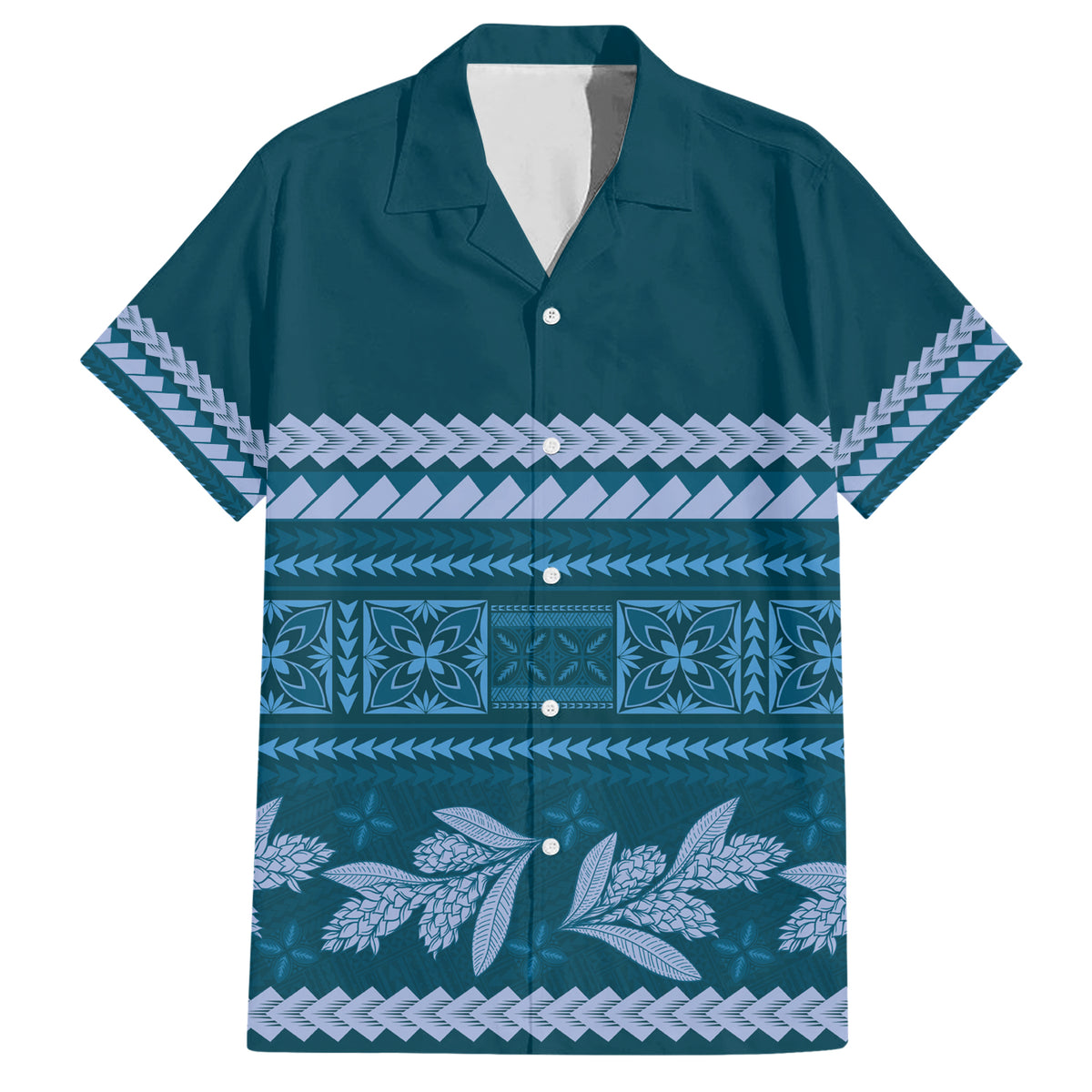 Dark Cyan Samoa Siapo Teuila Flowers Family Matching Short Sleeve Bodycon Dress and Hawaiian Shirt