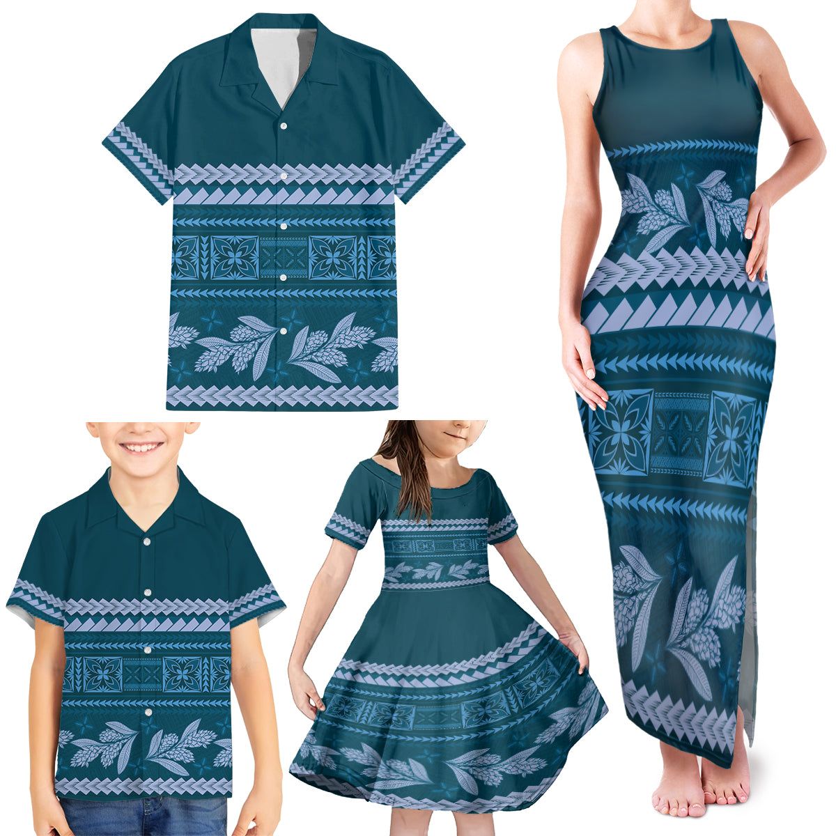 Dark Cyan Samoa Siapo Teuila Flowers Family Matching Tank Maxi Dress and Hawaiian Shirt LT14 - Polynesian Pride