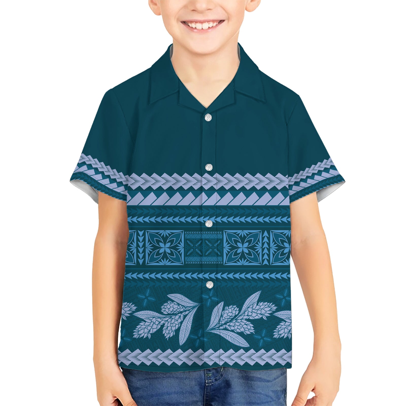 Dark Cyan Samoa Siapo Teuila Flowers Kid Hawaiian Shirt LT14 Kid Dark Cyan - Polynesian Pride