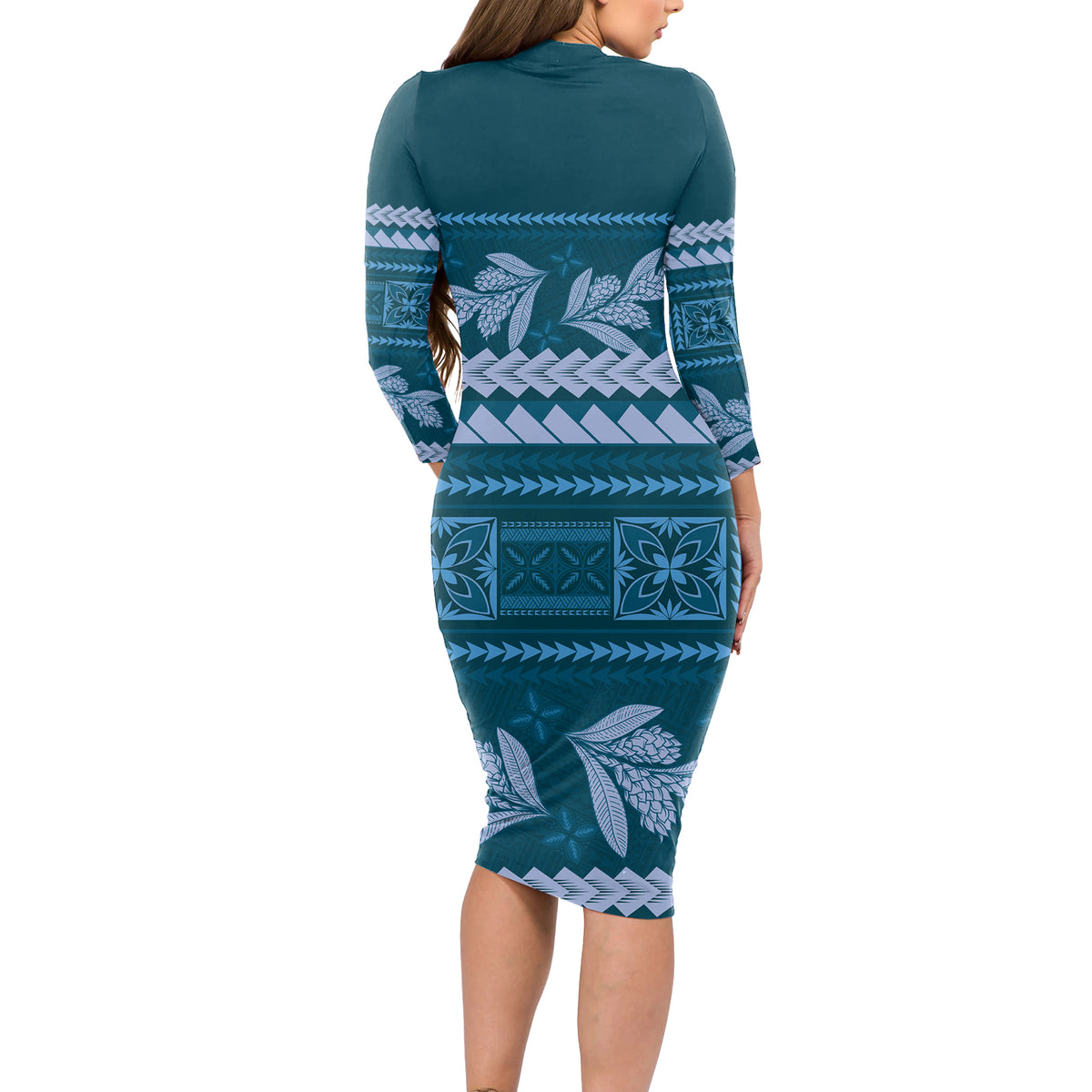 Dark Cyan Samoa Siapo Teuila Flowers Long Sleeve Bodycon Dress LT14 - Polynesian Pride Dark Cyan Samoa Siapo Teuila Flowers Long Sleeve Bodycon Dress LT14 - Polynesian Pride