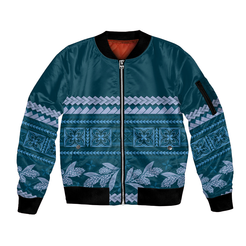 Dark Cyan Samoa Siapo Teuila Flowers Sleeve Zip Bomber Jacket LT14 Unisex Dark Cyan - Polynesian Pride