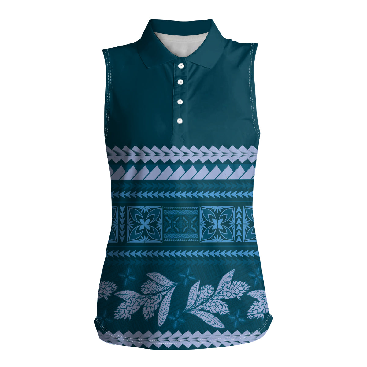 Dark Cyan Samoa Siapo Teuila Flowers Women Sleeveless Polo Shirt LT14 Female Dark Cyan - Polynesian Pride