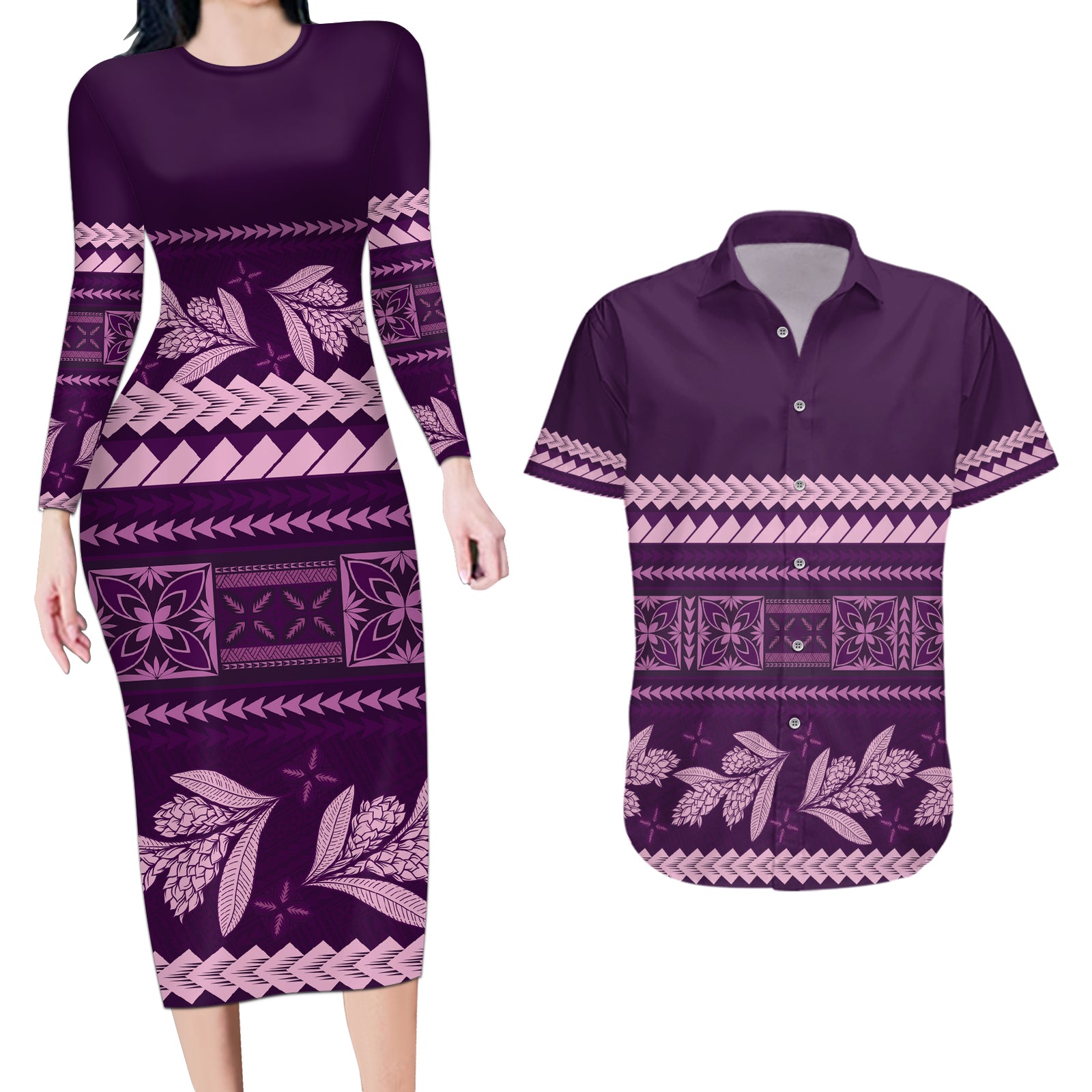 Purple Samoa Siapo Teuila Flowers Couples Matching Long Sleeve Bodycon Dress and Hawaiian Shirt LT14 Purple - Polynesian Pride