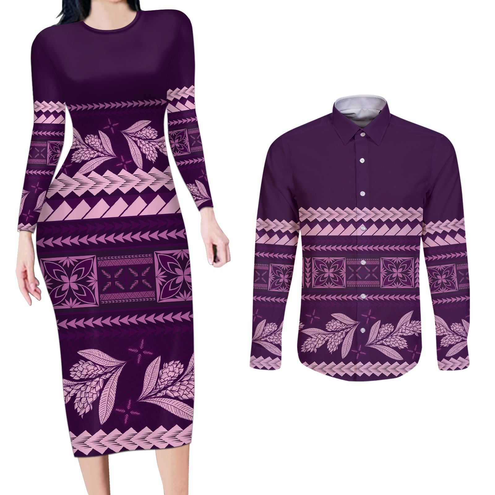 Purple Samoa Siapo Teuila Flowers Couples Matching Long Sleeve Bodycon Dress and Long Sleeve Button Shirt LT14 Purple - Polynesian Pride