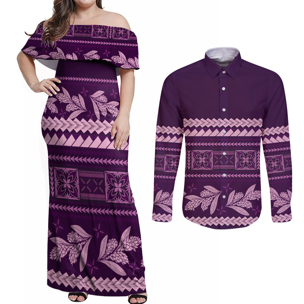 Purple Samoa Siapo Teuila Flowers Couples Matching Off Shoulder Maxi Dress and Long Sleeve Button Shirt LT14 Purple - Polynesian Pride