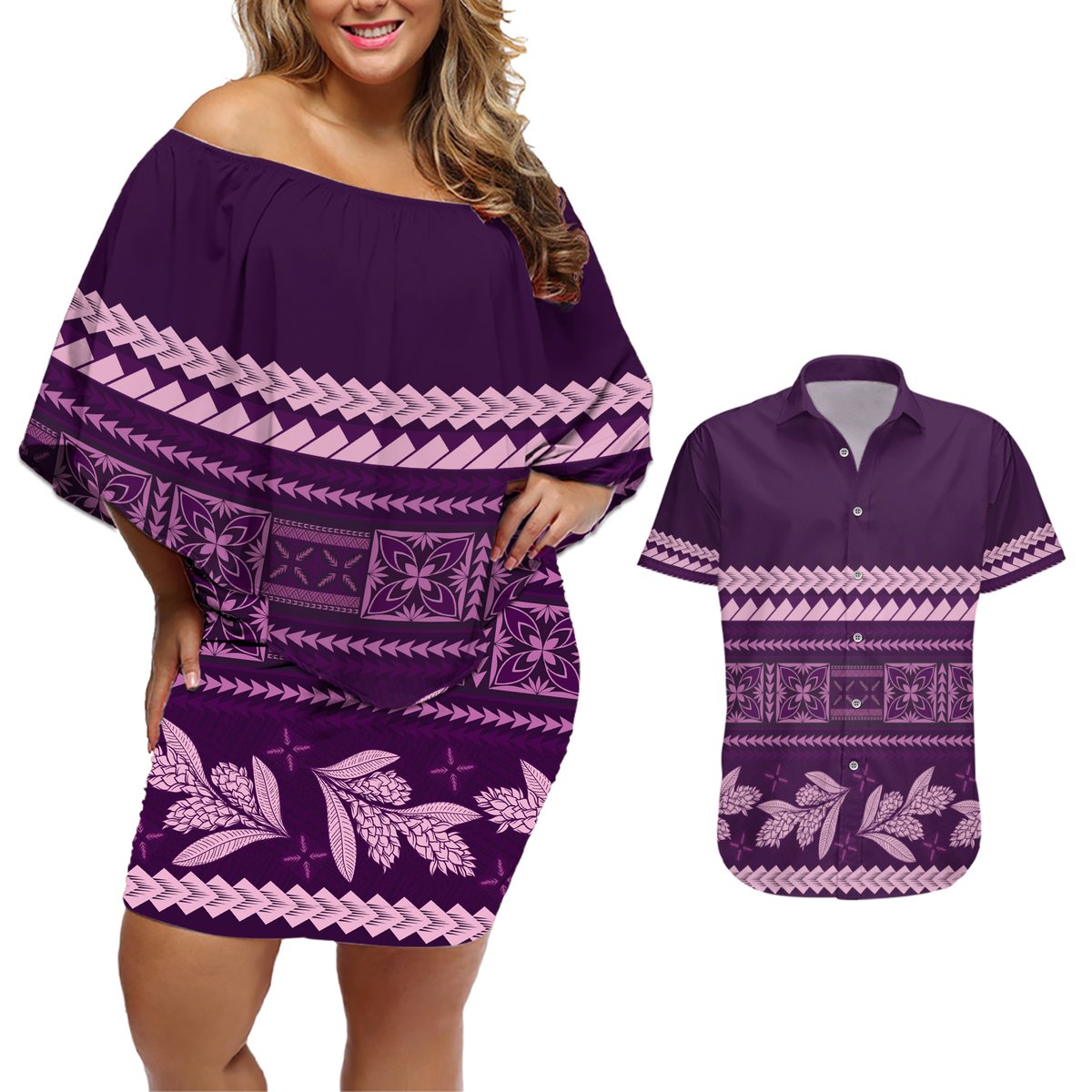 Purple Samoa Siapo Teuila Flowers Couples Matching Off Shoulder Short Dress and Hawaiian Shirt LT14 Purple - Polynesian Pride