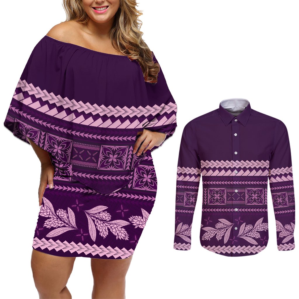 Purple Samoa Siapo Teuila Flowers Couples Matching Off Shoulder Short Dress and Long Sleeve Button Shirt LT14 Purple - Polynesian Pride