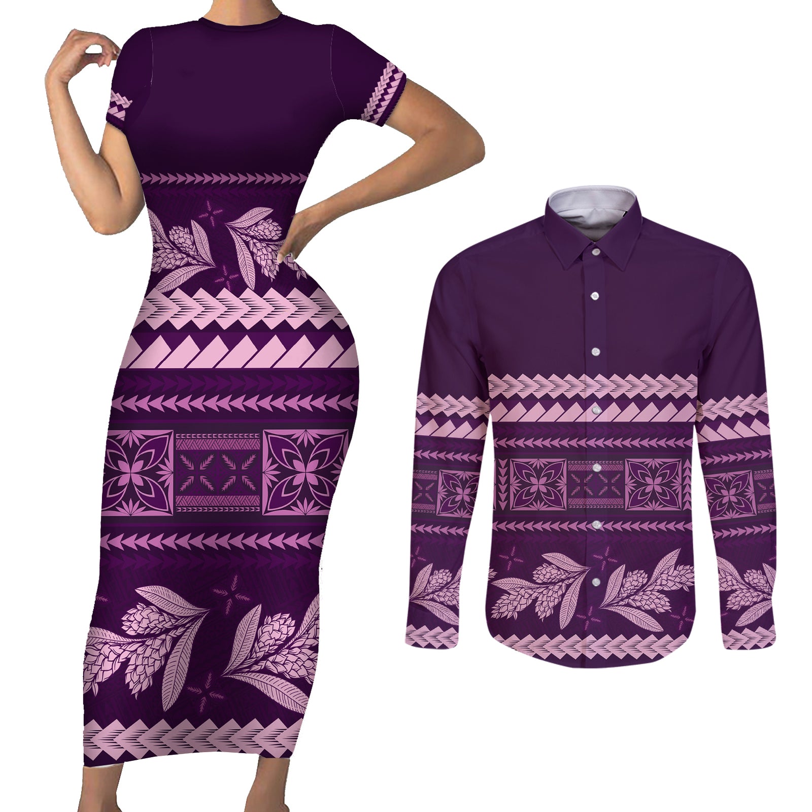 Purple Samoa Siapo Teuila Flowers Couples Matching Short Sleeve Bodycon Dress and Long Sleeve Button Shirt LT14 Purple - Polynesian Pride