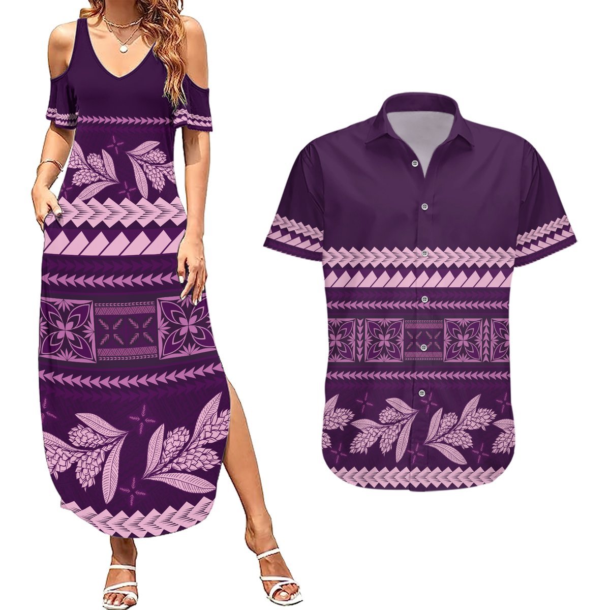Purple Samoa Siapo Teuila Flowers Couples Matching Summer Maxi Dress and Hawaiian Shirt LT14 Purple - Polynesian Pride