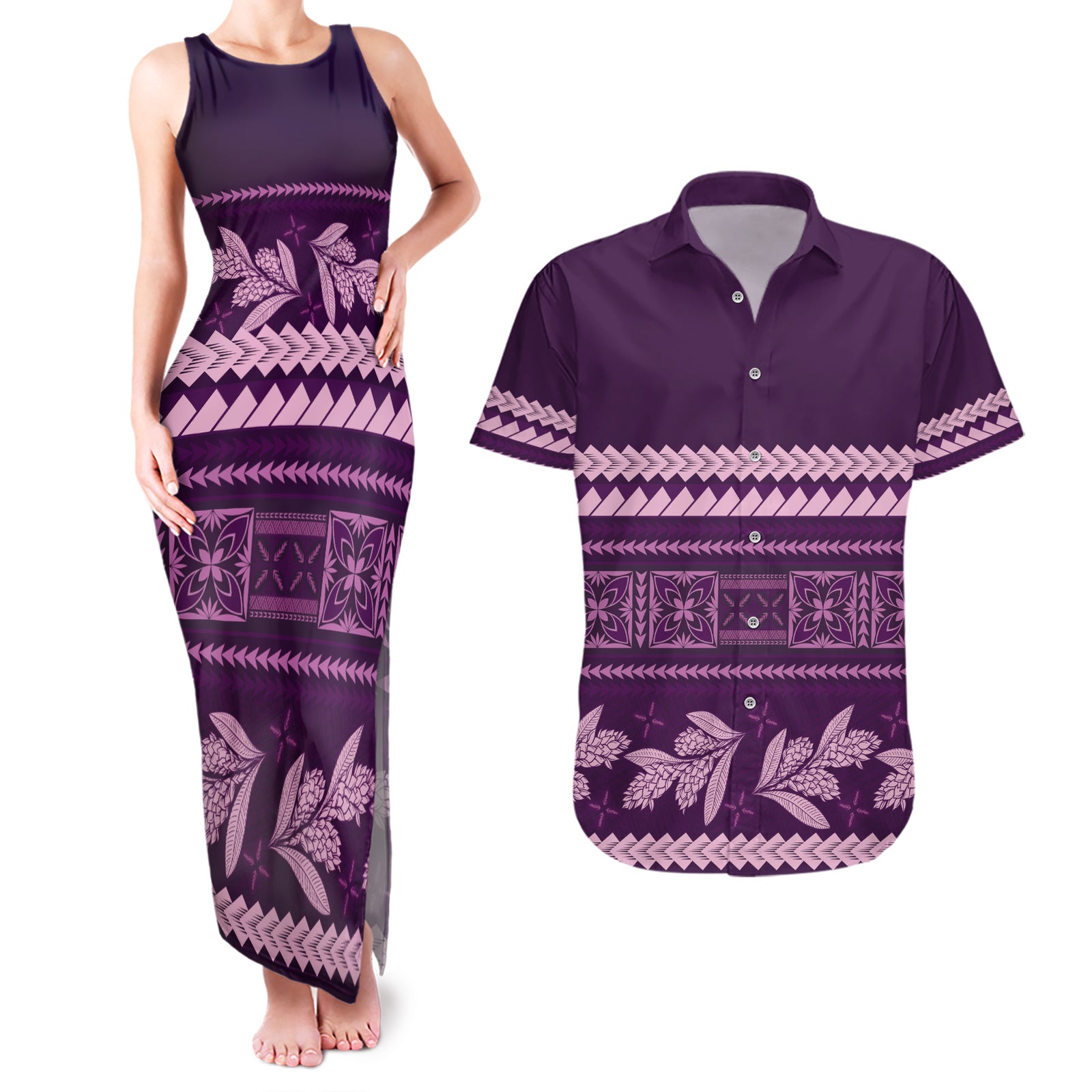 Purple Samoa Siapo Teuila Flowers Couples Matching Tank Maxi Dress and Hawaiian Shirt LT14 Purple - Polynesian Pride
