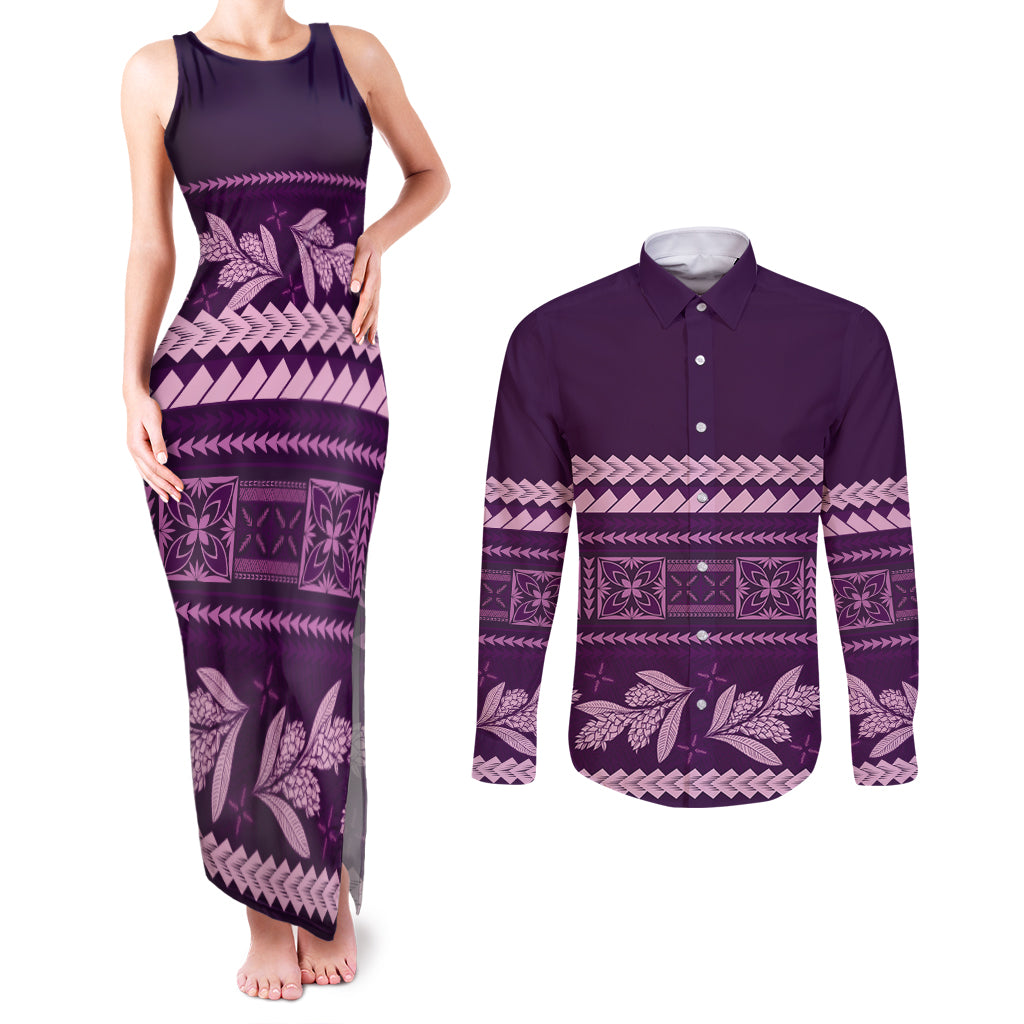 Purple Samoa Siapo Teuila Flowers Couples Matching Tank Maxi Dress and Long Sleeve Button Shirt LT14 Purple - Polynesian Pride
