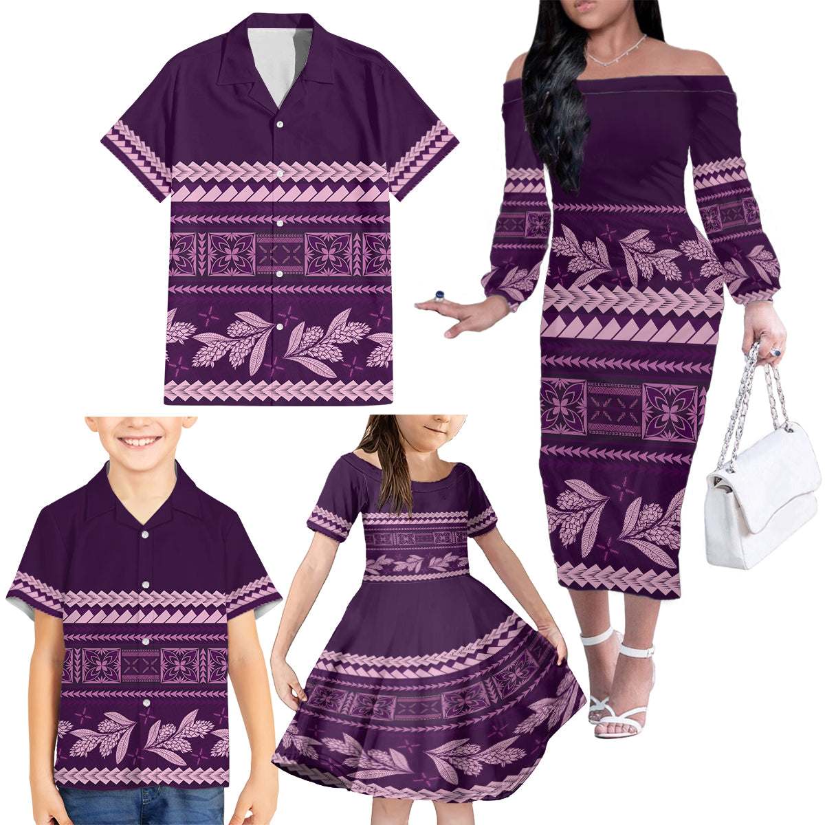 Purple Samoa Siapo Teuila Flowers Family Matching Off The Shoulder Long Sleeve Dress and Hawaiian Shirt LT14 - Polynesian Pride