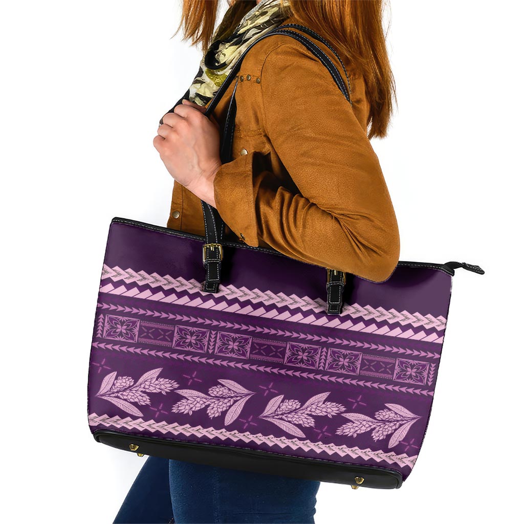 Purple Samoa Siapo Teuila Flowers Leather Tote Bag LT14 Purple - Polynesian Pride