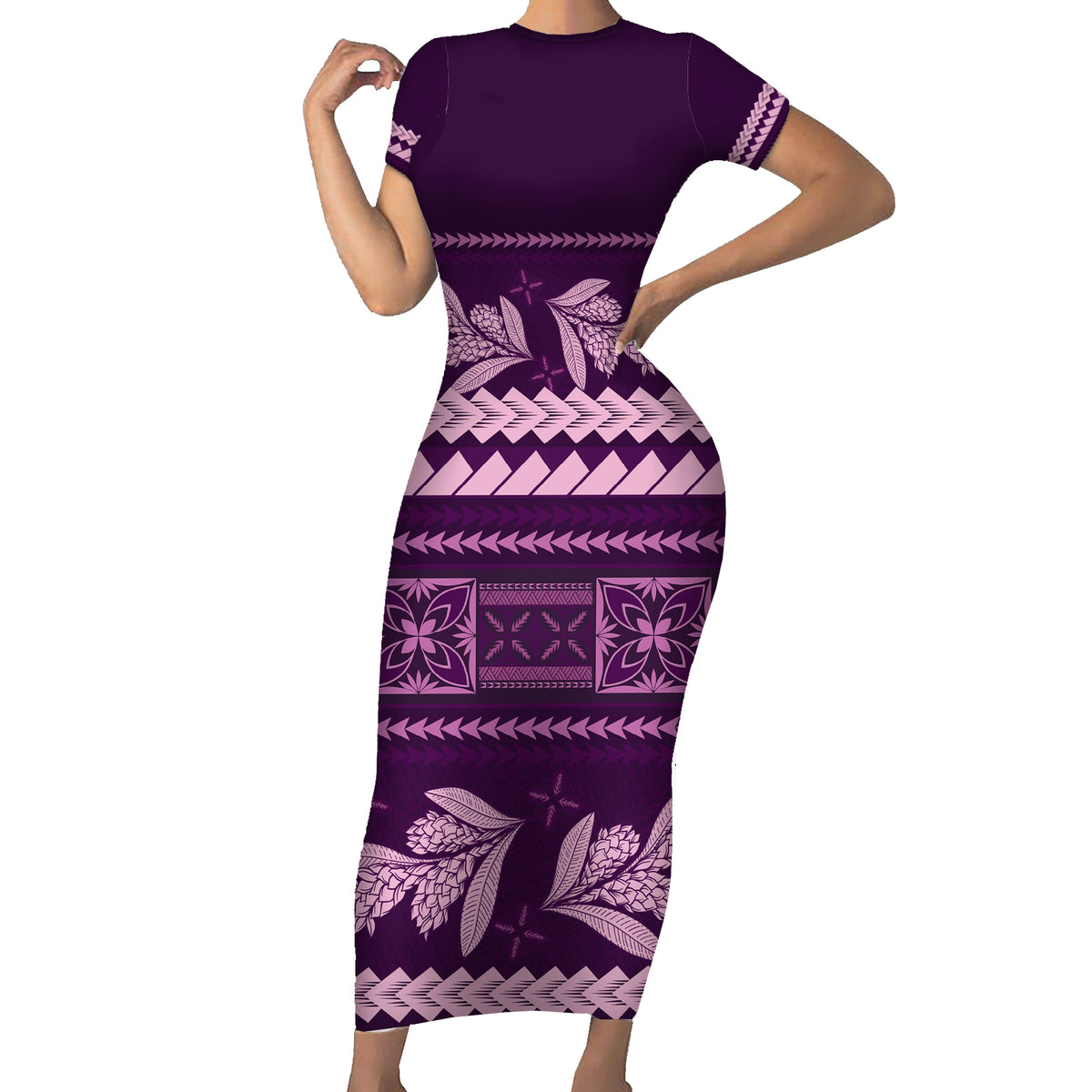 Purple Samoa Siapo Teuila Flowers Short Sleeve Bodycon Dress LT14 Long Dress Purple - Polynesian Pride