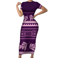 Purple Samoa Siapo Teuila Flowers Short Sleeve Bodycon Dress LT14 Long Dress Purple - Polynesian Pride