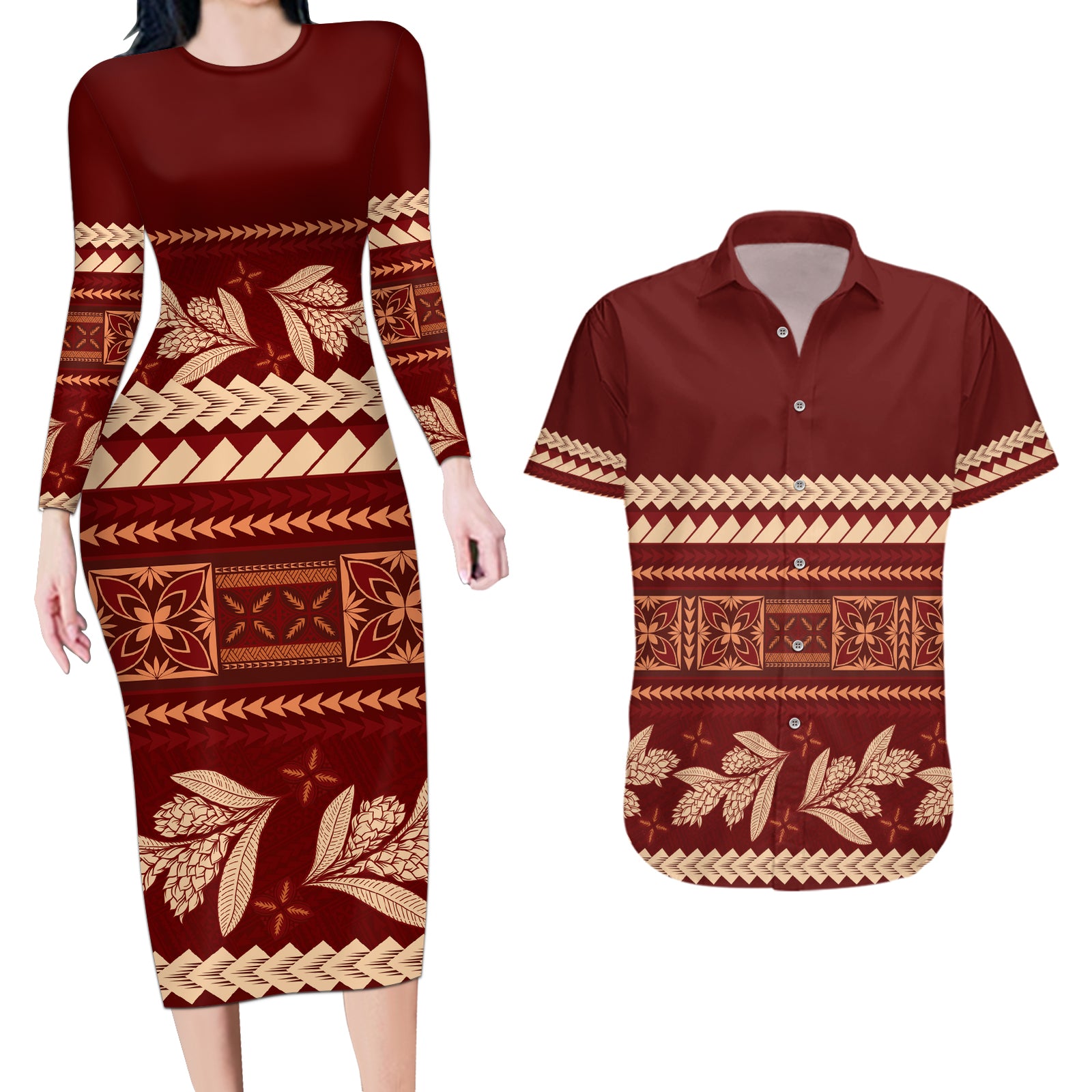 Red Samoa Siapo Teuila Flowers Couples Matching Long Sleeve Bodycon Dress and Hawaiian Shirt LT14 Red - Polynesian Pride