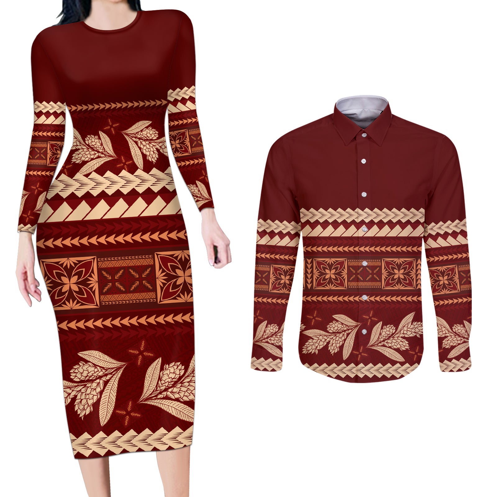 Red Samoa Siapo Teuila Flowers Couples Matching Long Sleeve Bodycon Dress and Long Sleeve Button Shirt LT14 Red - Polynesian Pride