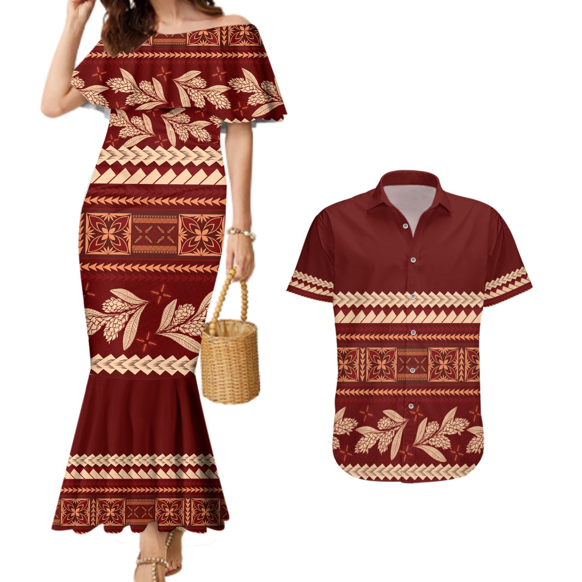 Red Samoa Siapo Teuila Flowers Couples Matching Mermaid Dress and Hawaiian Shirt LT14 Red - Polynesian Pride