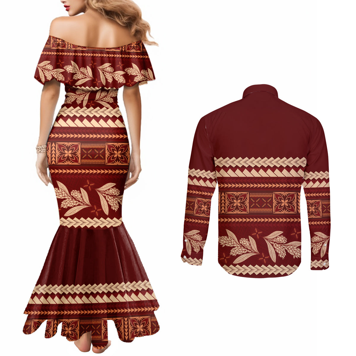Red Samoa Siapo Teuila Flowers Couples Matching Mermaid Dress and Long Sleeve Button Shirt