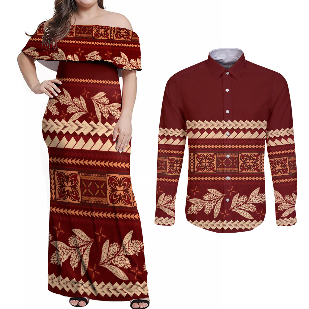 Red Samoa Siapo Teuila Flowers Couples Matching Off Shoulder Maxi Dress and Long Sleeve Button Shirt LT14 Red - Polynesian Pride