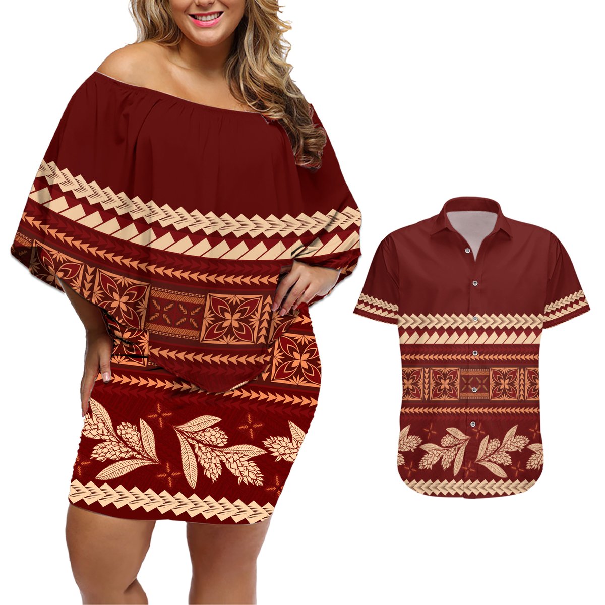 Red Samoa Siapo Teuila Flowers Couples Matching Off Shoulder Short Dress and Hawaiian Shirt LT14 Red - Polynesian Pride