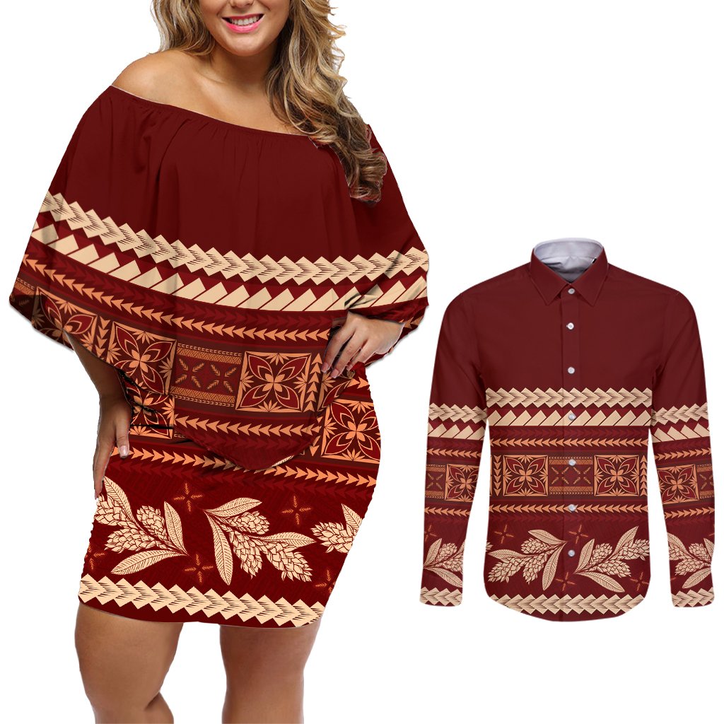 Red Samoa Siapo Teuila Flowers Couples Matching Off Shoulder Short Dress and Long Sleeve Button Shirt LT14 Red - Polynesian Pride