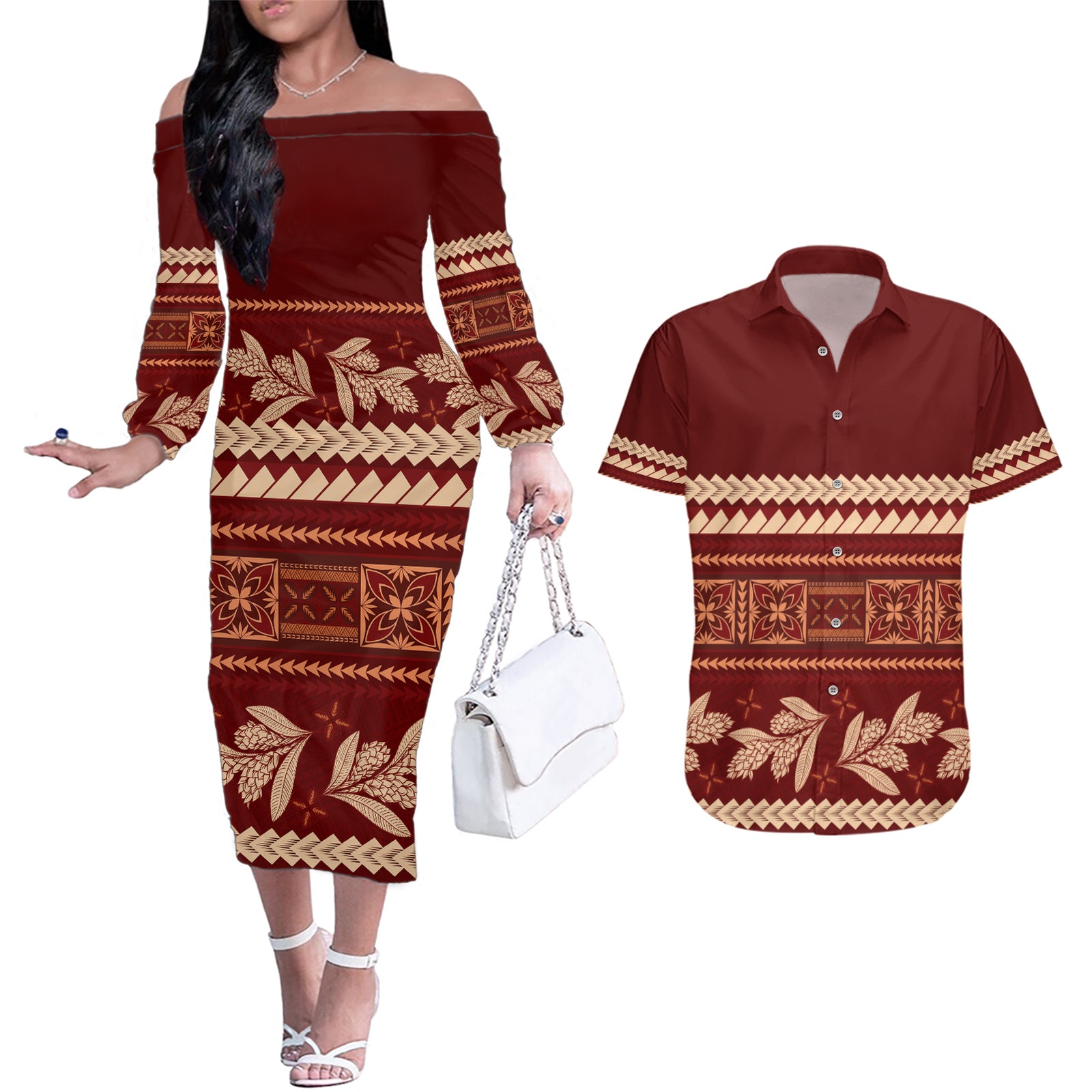 Red Samoa Siapo Teuila Flowers Couples Matching Off The Shoulder Long Sleeve Dress and Hawaiian Shirt LT14 Red - Polynesian Pride
