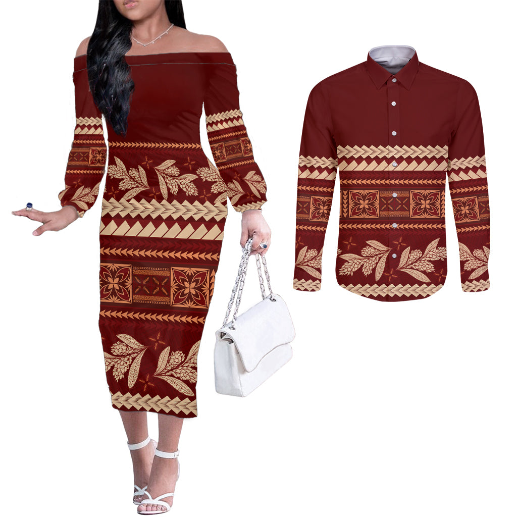Red Samoa Siapo Teuila Flowers Couples Matching Off The Shoulder Long Sleeve Dress and Long Sleeve Button Shirt LT14 Red - Polynesian Pride