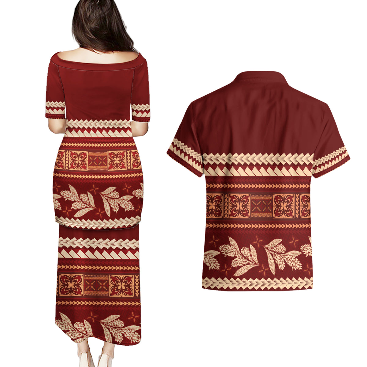 Red Samoa Siapo Teuila Flowers Couples Matching Puletasi and Hawaiian Shirt