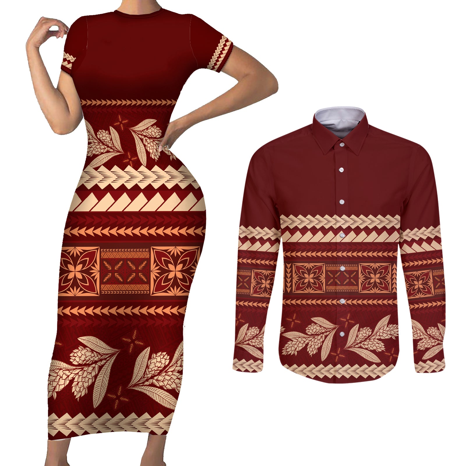 Red Samoa Siapo Teuila Flowers Couples Matching Short Sleeve Bodycon Dress and Long Sleeve Button Shirt LT14 Red - Polynesian Pride