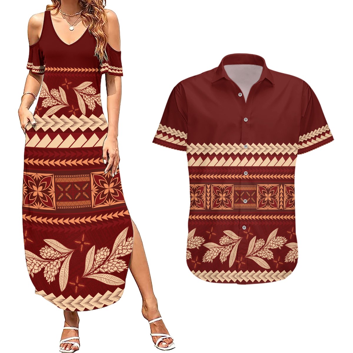 Red Samoa Siapo Teuila Flowers Couples Matching Summer Maxi Dress and Hawaiian Shirt LT14 Red - Polynesian Pride