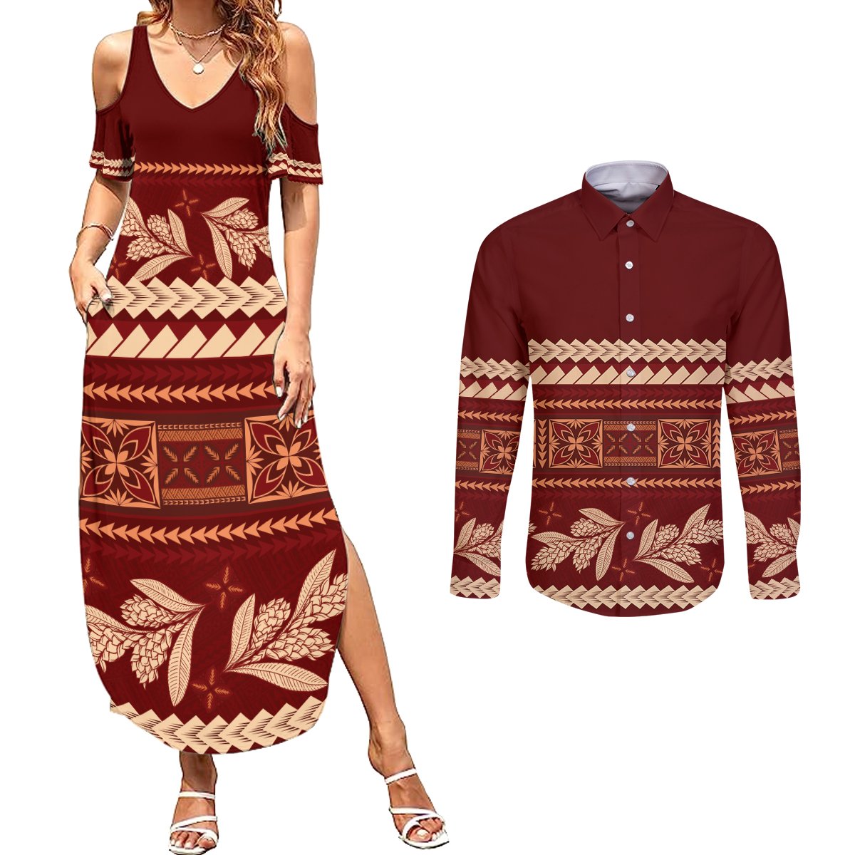 Red Samoa Siapo Teuila Flowers Couples Matching Summer Maxi Dress and Long Sleeve Button Shirt LT14 Red - Polynesian Pride