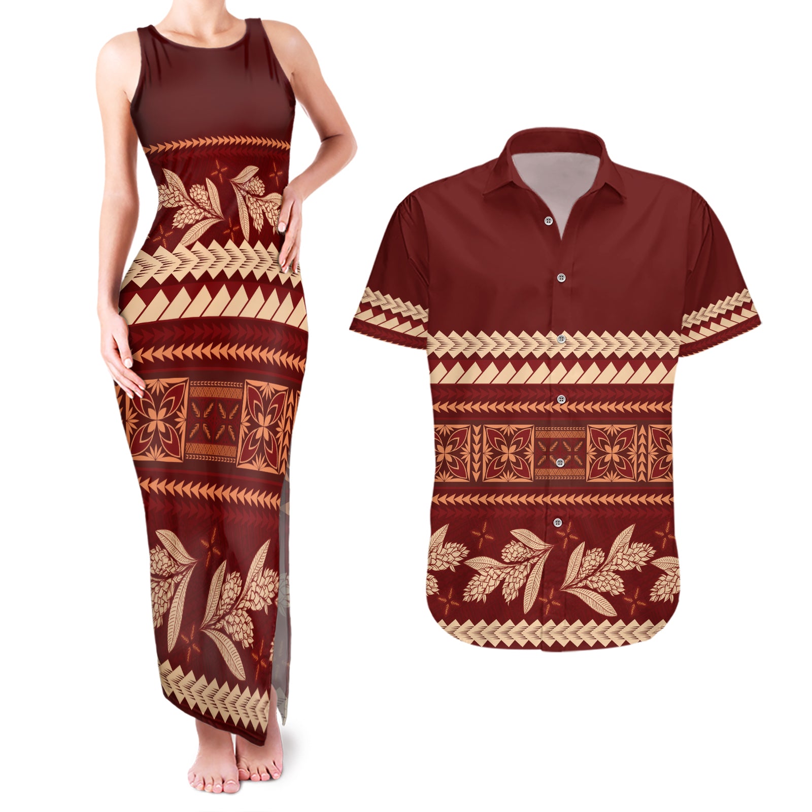 Red Samoa Siapo Teuila Flowers Couples Matching Tank Maxi Dress and Hawaiian Shirt LT14 Red - Polynesian Pride