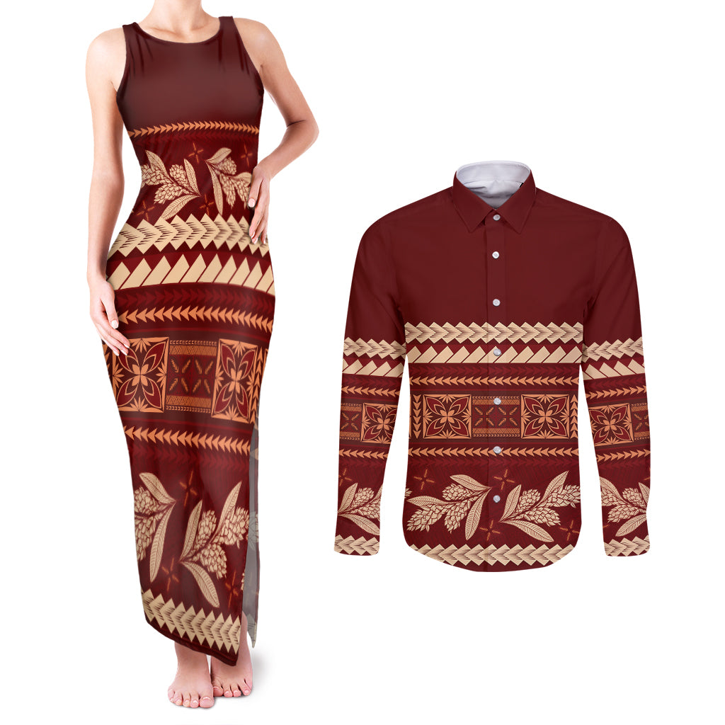 Red Samoa Siapo Teuila Flowers Couples Matching Tank Maxi Dress and Long Sleeve Button Shirt LT14 Red - Polynesian Pride