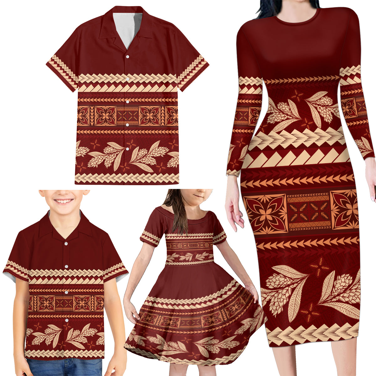 Red Samoa Siapo Teuila Flowers Family Matching Long Sleeve Bodycon Dress and Hawaiian Shirt LT14 - Polynesian Pride