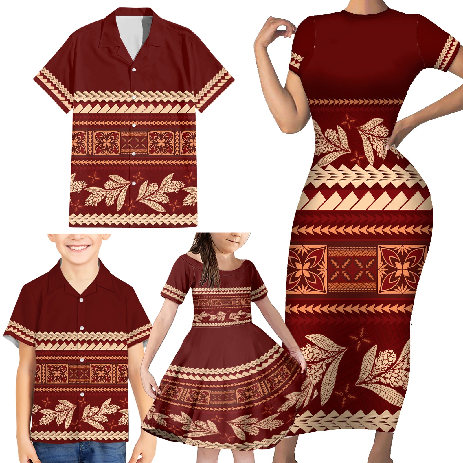 Red Samoa Siapo Teuila Flowers Family Matching Short Sleeve Bodycon Dress and Hawaiian Shirt LT14 - Polynesian Pride