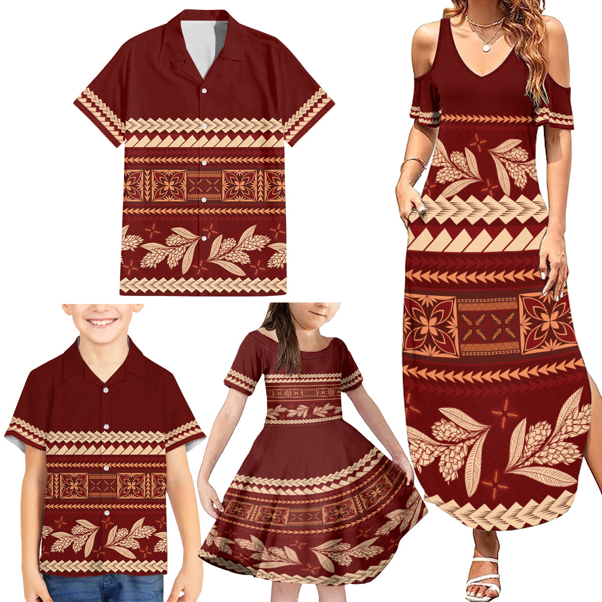 Red Samoa Siapo Teuila Flowers Family Matching Summer Maxi Dress and Hawaiian Shirt LT14 - Polynesian Pride