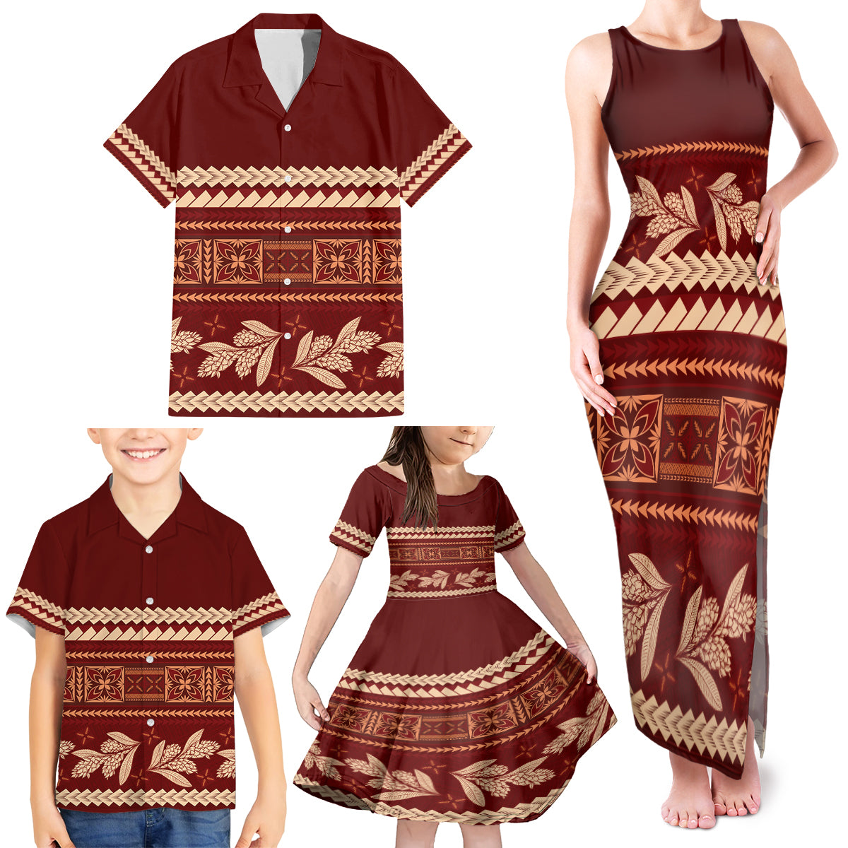 Red Samoa Siapo Teuila Flowers Family Matching Tank Maxi Dress and Hawaiian Shirt LT14 - Polynesian Pride