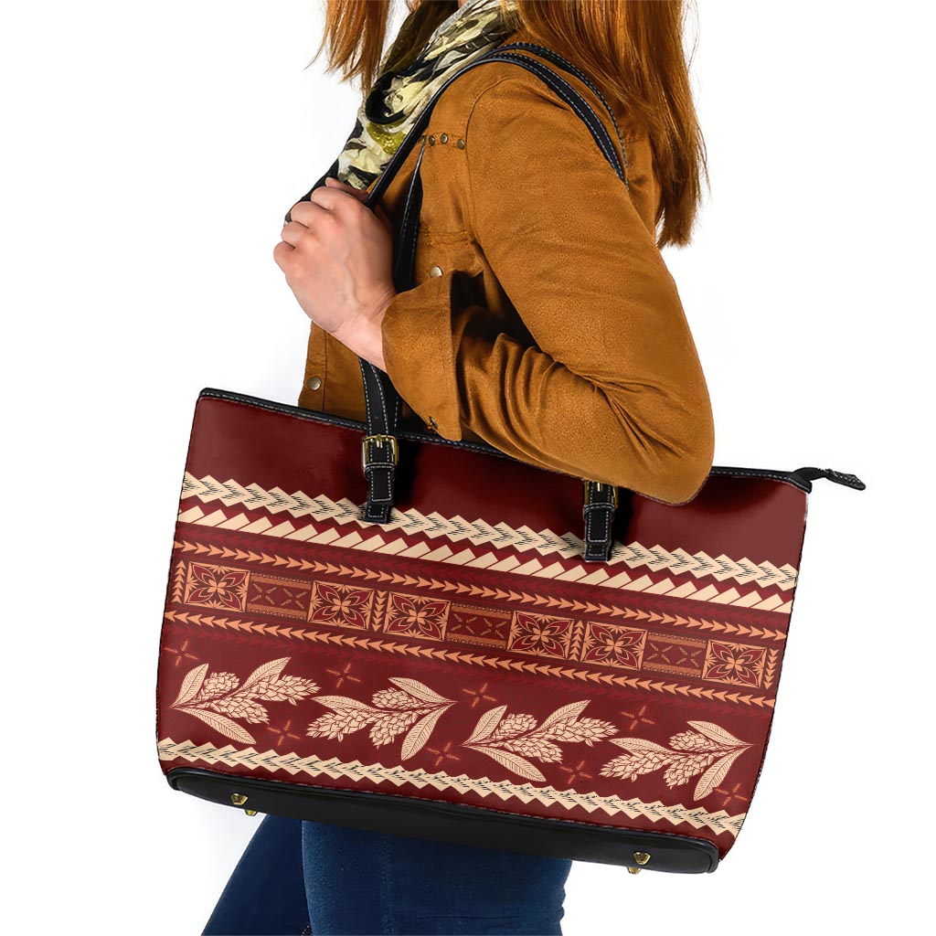 Red Samoa Siapo Teuila Flowers Leather Tote Bag LT14 Red - Polynesian Pride