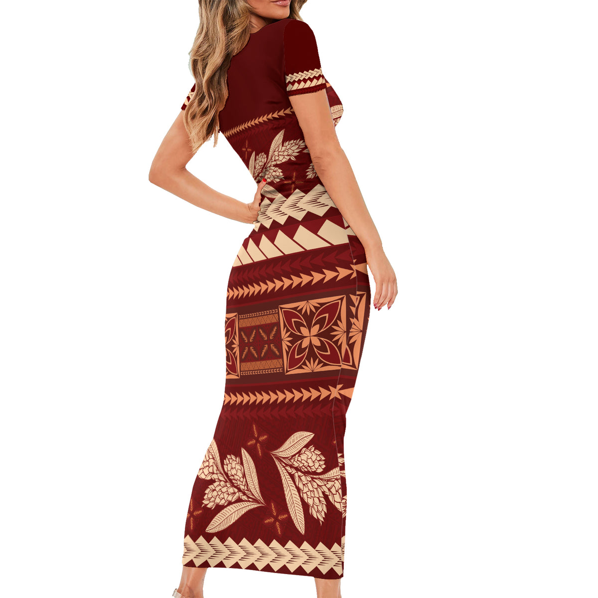 Red Samoa Siapo Teuila Flowers Short Sleeve Bodycon Dress LT14 - Polynesian Pride