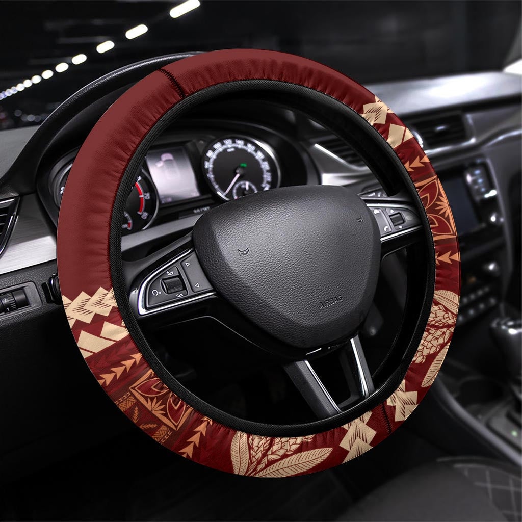 Red Samoa Siapo Teuila Flowers Steering Wheel Cover LT14 Universal Fit Red - Polynesian Pride