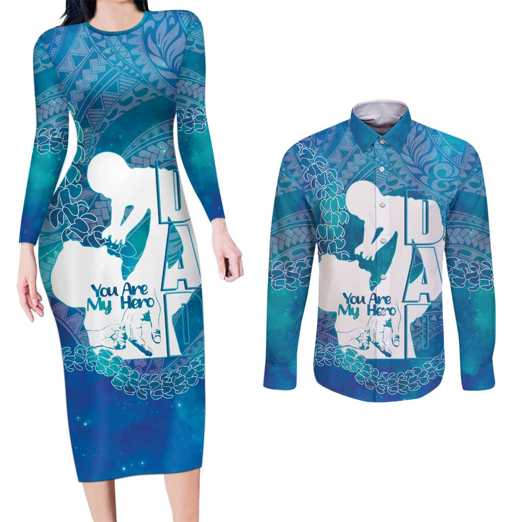 Turquoise Polynesia Father's Day Couples Matching Long Sleeve Bodycon Dress and Long Sleeve Button Shirt Dad You Are My Hero LT14 Turquoise - Polynesian Pride