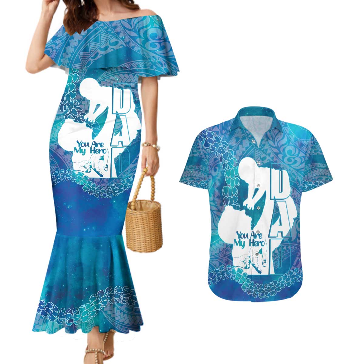 Turquoise Polynesia Father's Day Couples Matching Mermaid Dress and Hawaiian Shirt Dad You Are My Hero