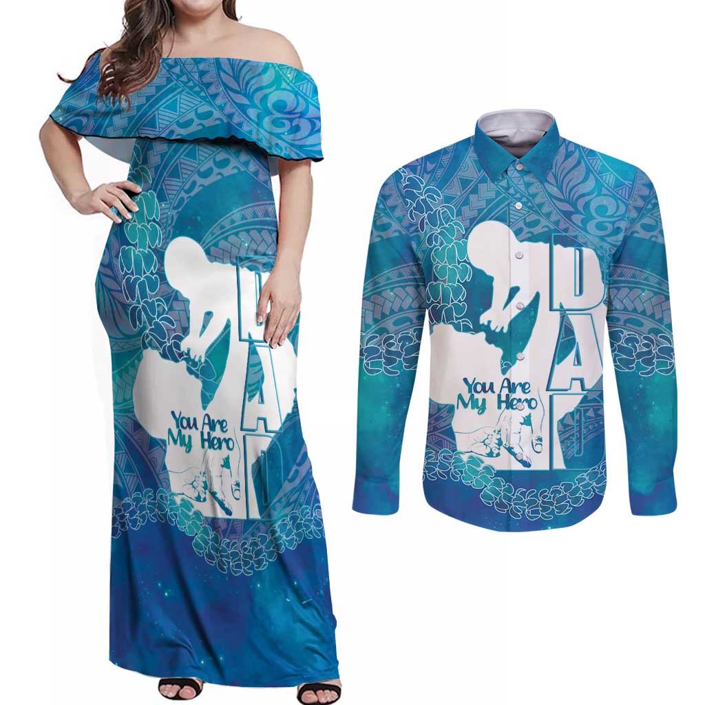 Turquoise Polynesia Father's Day Couples Matching Off Shoulder Maxi Dress and Long Sleeve Button Shirt Dad You Are My Hero LT14 Turquoise - Polynesian Pride