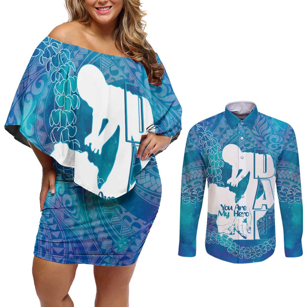 Turquoise Polynesia Father's Day Couples Matching Off Shoulder Short Dress and Long Sleeve Button Shirt Dad You Are My Hero LT14 Turquoise - Polynesian Pride