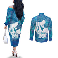 Turquoise Polynesia Father's Day Couples Matching Off The Shoulder Long Sleeve Dress and Long Sleeve Button Shirt Dad You Are My Hero