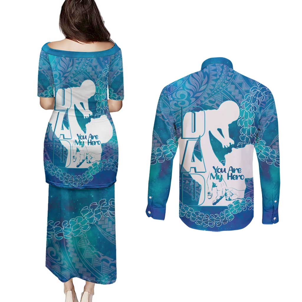 Turquoise Polynesia Father's Day Couples Matching Puletasi and Long Sleeve Button Shirt Dad You Are My Hero