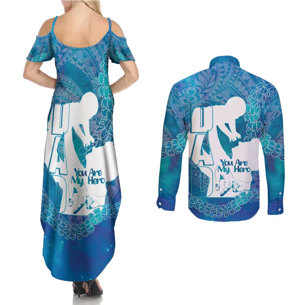 Turquoise Polynesia Father's Day Couples Matching Summer Maxi Dress and Long Sleeve Button Shirt Dad You Are My Hero
